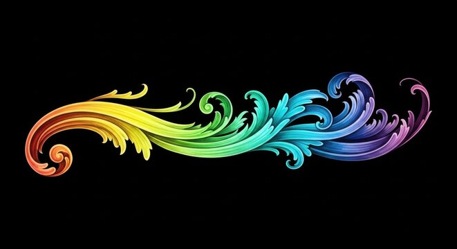 Rainbow Ornate Scrollwork Flourishing on Black Background for Elegant Pride and Luxury Graphic Design Branding