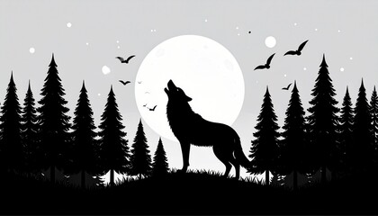 Wolf howling at the moon in a forest silhouette landscape illustration at dusk with birds flying