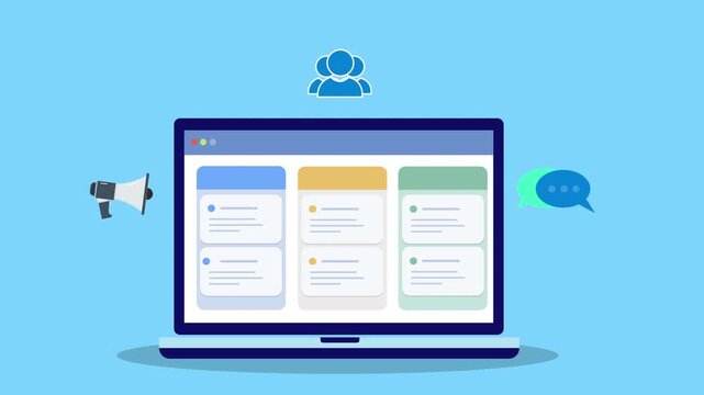 Flat vector animation of laptop marketing dashboard with megaphone, chat bubble, and audience icon representing social media marketing, customer engagement, and digital communication strategy.