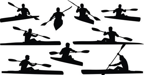 Kayaking and canoe paddling silhouettes collection showing water sport athletes rowing boats vector illustration set © meri999