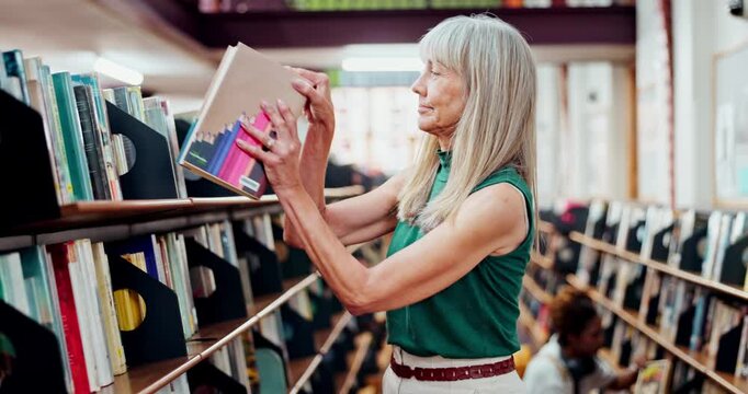 Mature woman, librarian and sort books on shelf, working and pack stock in library or bookstore. Female person, education and small business owner for print information on language or philosophy