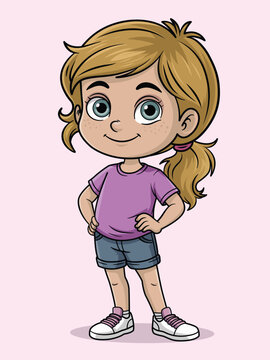 Cute Cartoon Little Girl Character Standing Smiling &ndash; Kids Mascot Illustration
