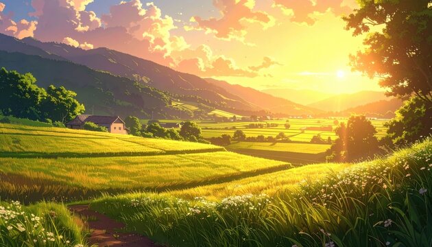 Scenic landscape painting of golden rice fields at sunset with rolling green hills and a cozy farmhouse in the distance