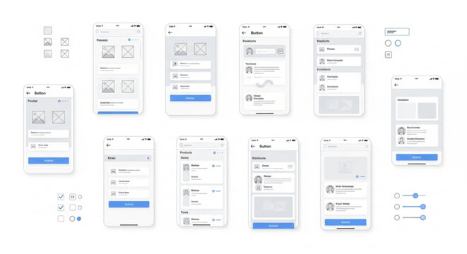 A collection of mobile app wireframes on a white background for user interface design