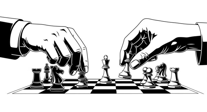 Chess game strategy - Two hands moving chess pieces on a board.