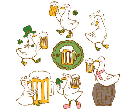 Lucky Beer Goose St. Patrick&rsquo;s Day Clipart &ndash; Funny Silly Goose Illustrations with Beer Mugs, Shamrocks, Leprechaun Hat, and Festive Dancing Geese, Perfect for Party Decor, Stickers, Crafts, and Holida