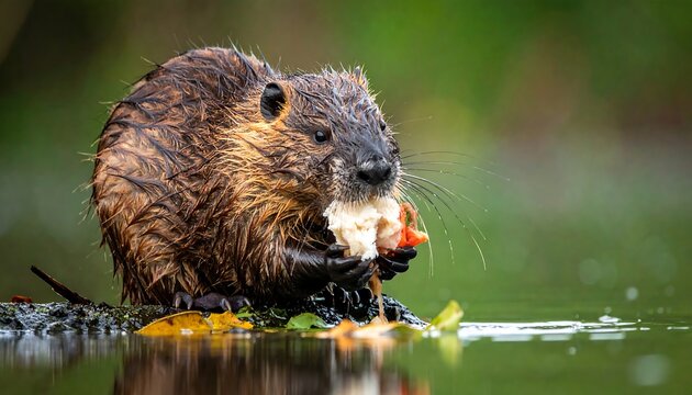 Wet beaver sits on a log eating, reflected in calm water, with blurred green foliage background