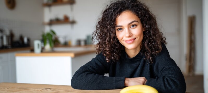Woman posing in kitchen.