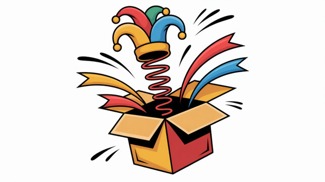 Surprise box with colorful jester hat emerging