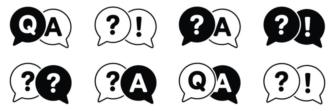 Question and answer icon set vector illustration, chat speech bubbles Q and A symbols, ask support dialog help center icons on white background