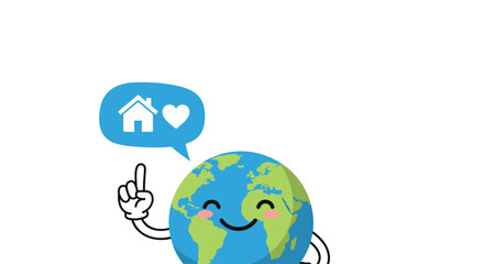 Fototapeta premium Earth character mascot points to speech bubble with home and heart icon representing global call to stay safe at home.