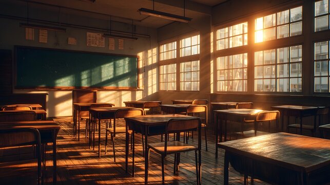Empty nostalgic school classroom bathed in breathtaking golden hour sunlight streaming through large glass windows, neat rows of wooden desk.