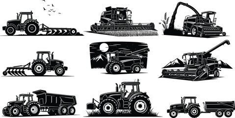 Agricultural machinery silhouettes including tractor and combine harvester working on farm fields, farming equipment vector illustration set © meri999