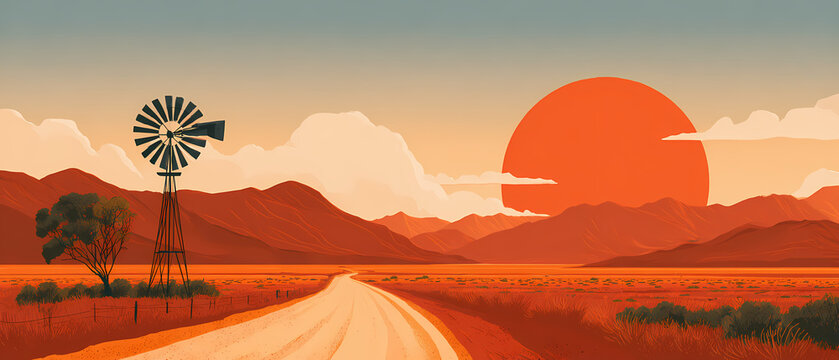 Australian desert landscape with stylised red rock formations under a blue sky nature illustration retro poster