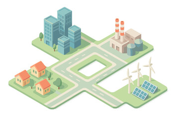 Modern city layout showing residential industrial and renewable energy