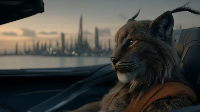 Anthropomorphic lynx riding inside a futuristic vehicle, gazing at a sci fi city skyline across water at sunset with cinematic lighting.