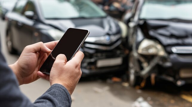 Reporting car crash with smartphone. Damaged vehicles after road collision. Online accident report for insurance claim. Digital auto insurance service concept. Emergency crash documentation process.
