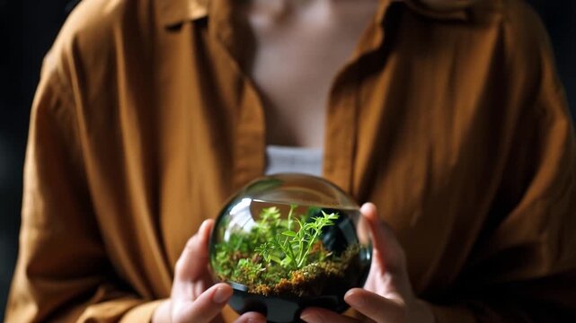 Hands cradle a glass globe filled with vibrant green moss