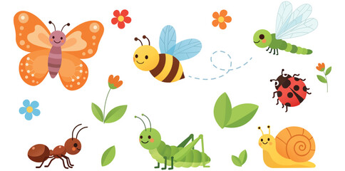 Garden Insects Collection Butterfly Bee Ladybug Ant Snail Vector Illustration Set © Rahed Ul Islam