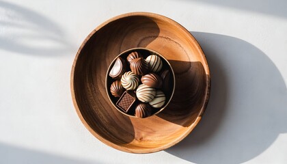 Assorted chocolates in wooden bowl sweet indulgence in natural light close-up studio shot