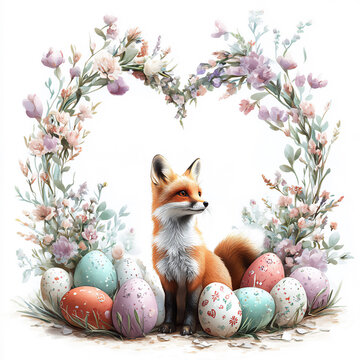 easter fox with easter eggs and flowers