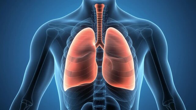 Human lungs highlighted in transparent body illustration from front view