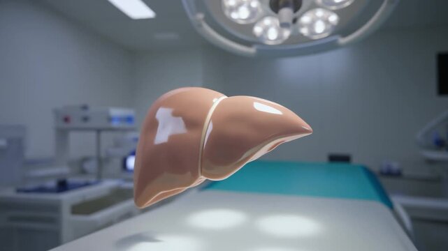 3D Medical Illustration of Human Liver on Operating Table in Hospital Environment from Close-up Viewpoint