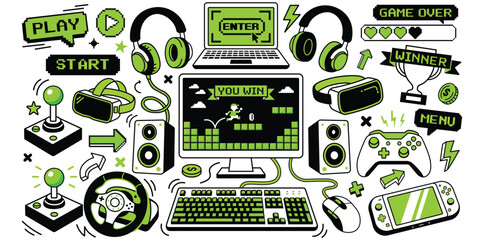 Gaming Doodle Elements Collection Video Game Hand Drawn Icons Set © Rahed Ul Islam