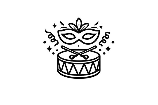 Graphic design of a mask above a drum with decorative elements in a