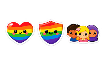 Fototapeta premium Different stickers with rainbow colors showing a heart a shield and a