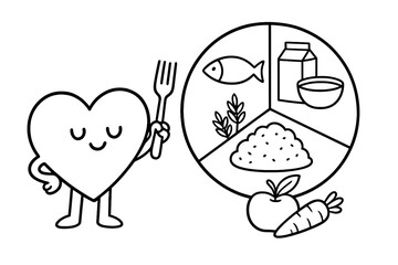 Fototapeta premium Character holding fork beside food pyramid illustration with fish