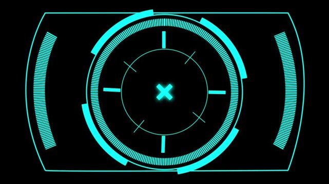 Cyan targeting marker animation with rotating cross hair and central aim point on black, cyan tactical interface display with digital targeting rings, futuristic aiming interface animation.