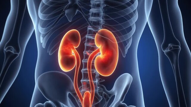 Human body anatomy highlighting kidneys and urinary system viewed from the back