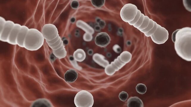 Microscopic view of bacteria and cells in a biological environment, showcasing microorganisms and cellular structures in detail