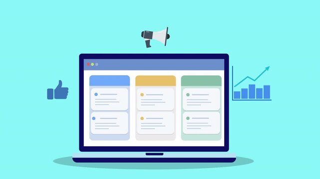Flat vector animation of laptop marketing dashboard with megaphone, like icon, and growth chart representing digital marketing, social media promotion, and business performance analytics.