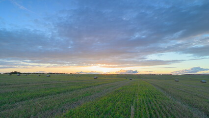 A Beautiful Serene Sunset Over Vast Lush Green Fields in a Picturesque Rural Landscape