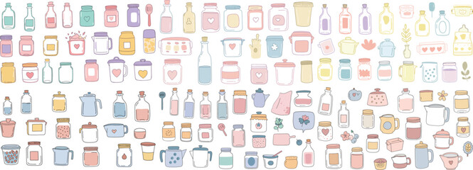 Obraz premium A colorful collection of illustrated jars and containers in pastel shades, perfect for creative projects.