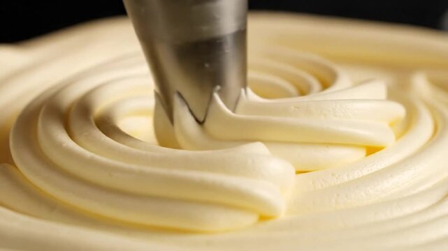 Creamy piping tool carving delicate swirl into smooth butter mixture