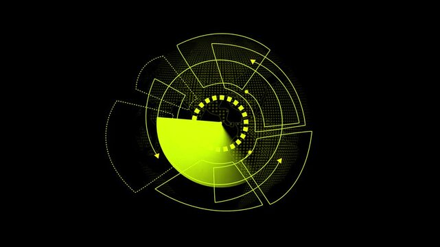 Futuristic globe interface animation with glowing circular sector and world map overlay, futuristic global scanning dashboard visualization with rotating hud elements .