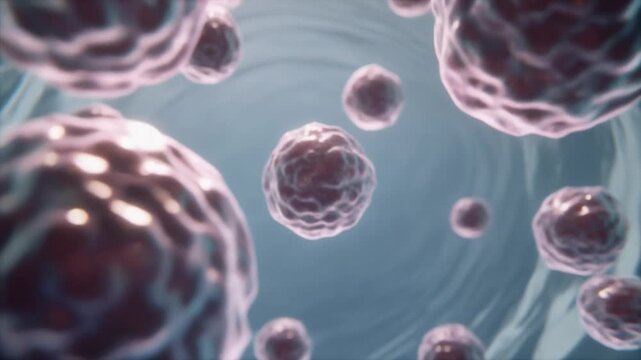 Microscopic spherical cells floating in a fluid environment, viewed from a close-up perspective