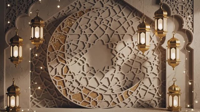 Golden lanterns and crescent moon Ramadan decoration with string lights festive mood