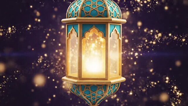 Elegant Islamic Lantern Shines in Golden Light on Purple Festive Background