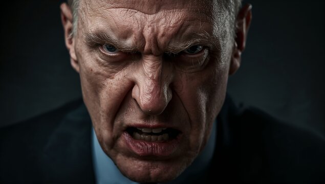 Sixty year old man with a tense face jaw clenched eyes cold and glaring nostrils slightly flared and dark cinematic generative AI