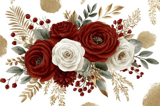 Red and white roses with leaves.
