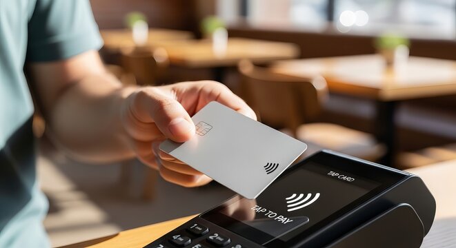 Customer using contactless credit card to tap and pay on electronic terminal in a cafe shop