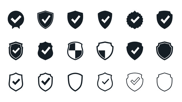 Security Shields Collection: Assorted Check Mark Designs for Website Badges and Trust Icons, Representing Protection, Verification, and Quality Assurance in Various Web and Graphic Applications