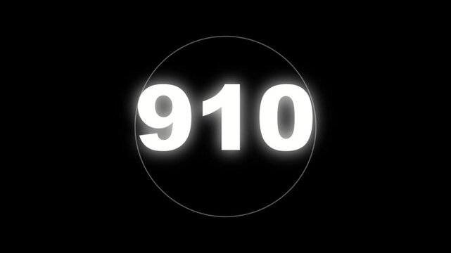 Digital animated glowing number 910 countdown visual effect for modern technology display background design element.