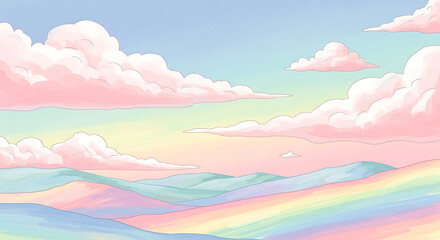 Fototapeta premium Watercolor sky background with soft pink clouds and sun in a colorful dreamy cloudscape