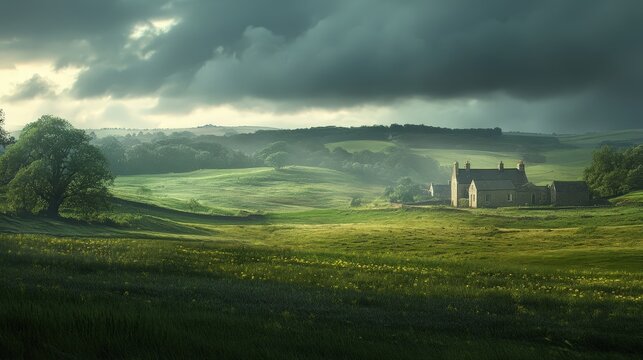 A serene landscape with rolling green hills and a distant cozy farmhouse under a dramatic sky filled with dark clouds.