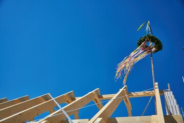Traditional Richtfest Topping Out Ceremony Wreath on New House Construction in Germany